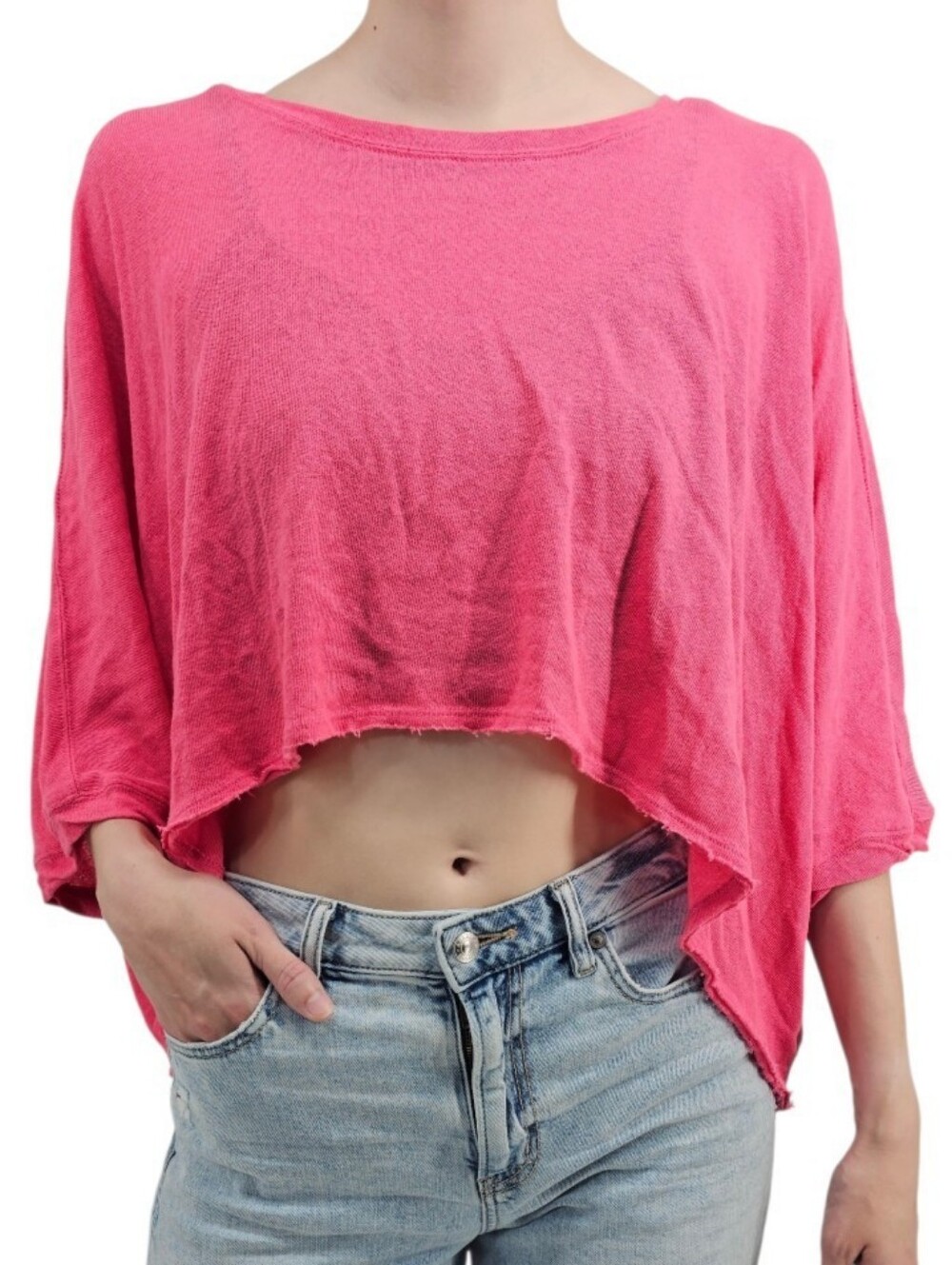 Hot Pink Oversized Poncho Crop Top M Raw Hem Batwing